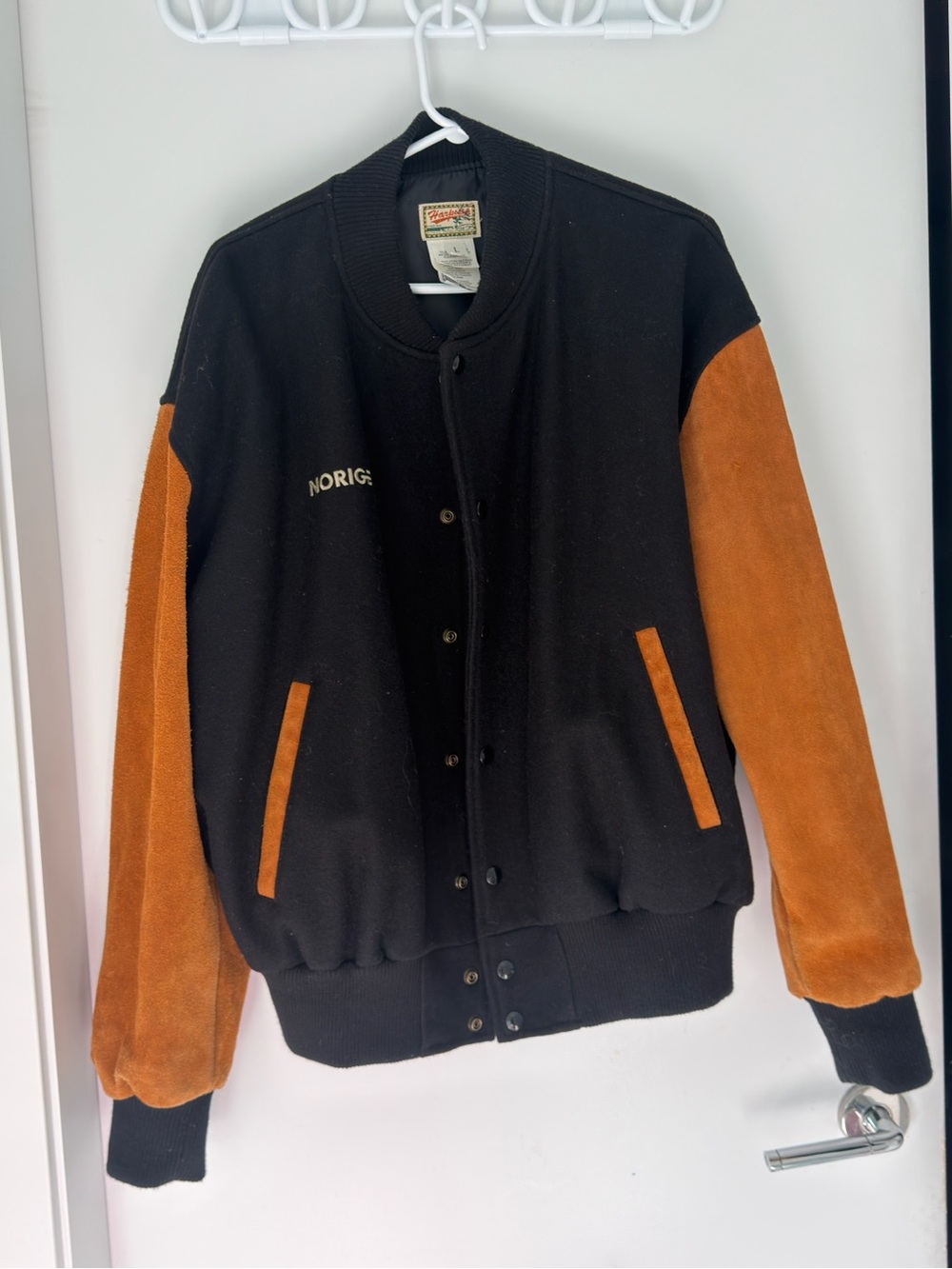Vintage 90s Black and Brown Suede Norigen Harpurg Varsity Jacket (L)